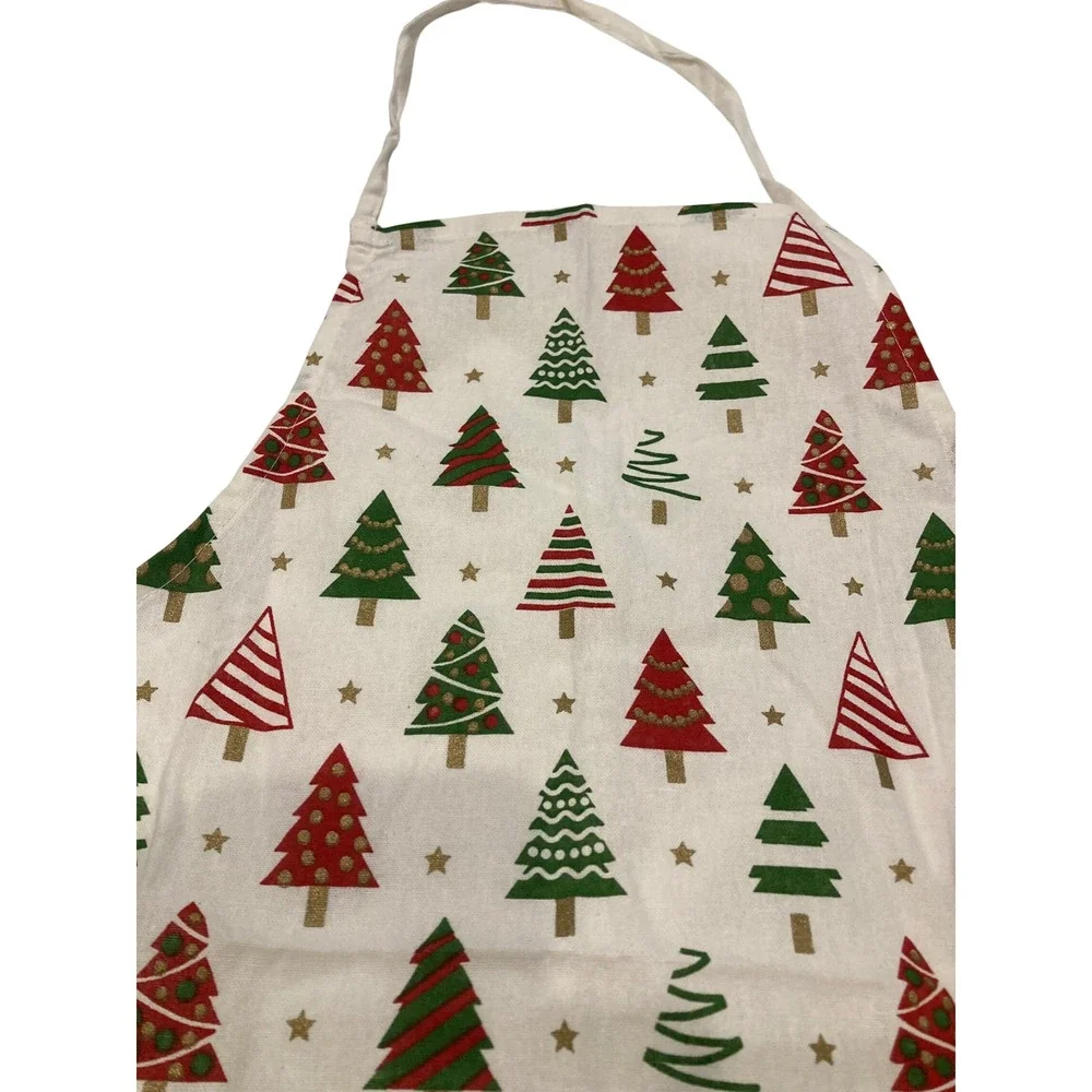 Christmas Tree Print Bib Apron Red Green Gold Stars Holiday Kitchen Baking White